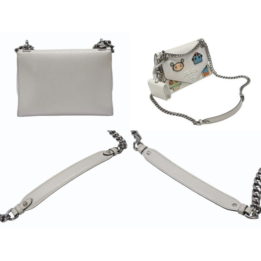 Prada Bag Chain Black Robot Shoulder Monochrome Saffiano White Leather - Picture 3 of 10